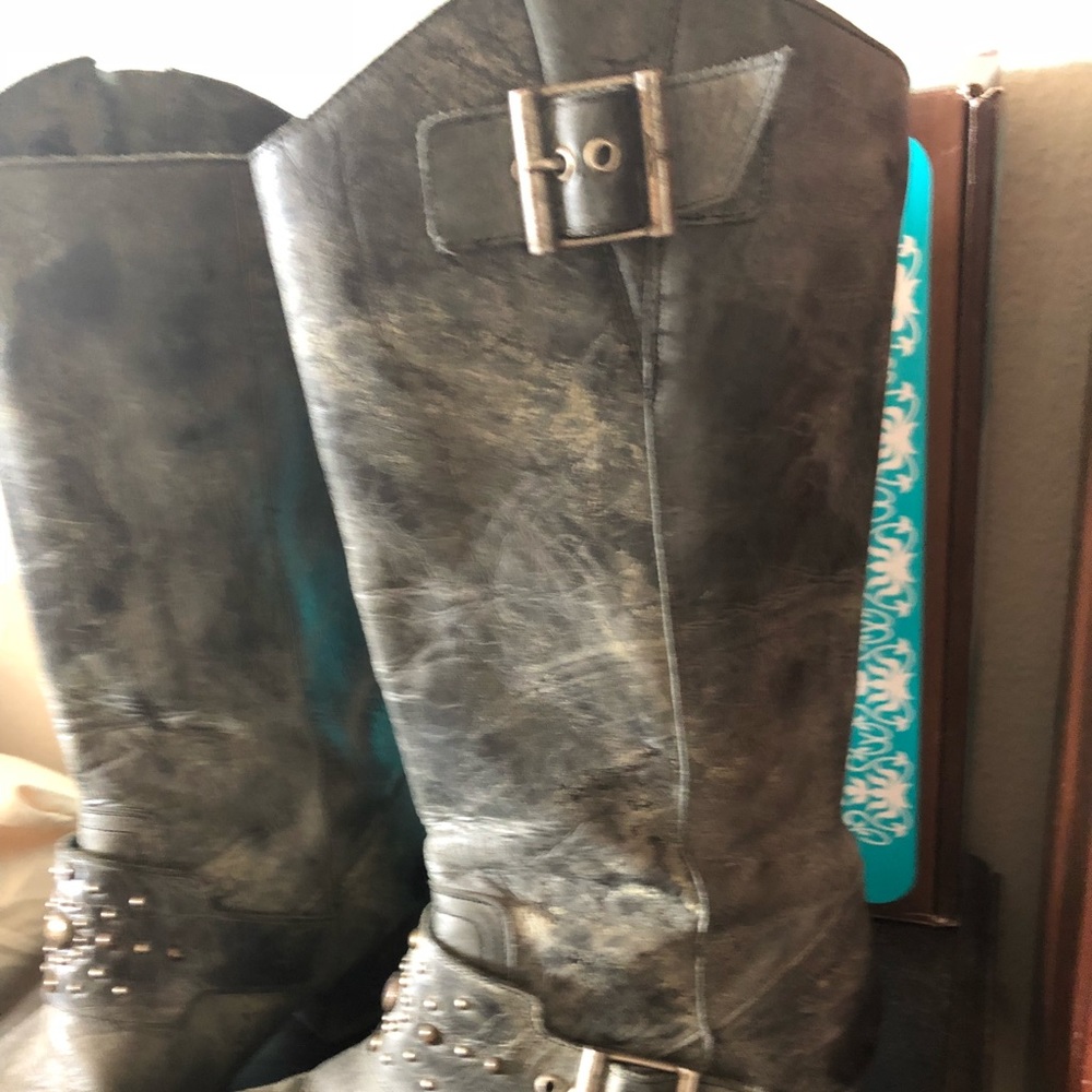 Leather Lane  grey moto boots w/ studded buckle